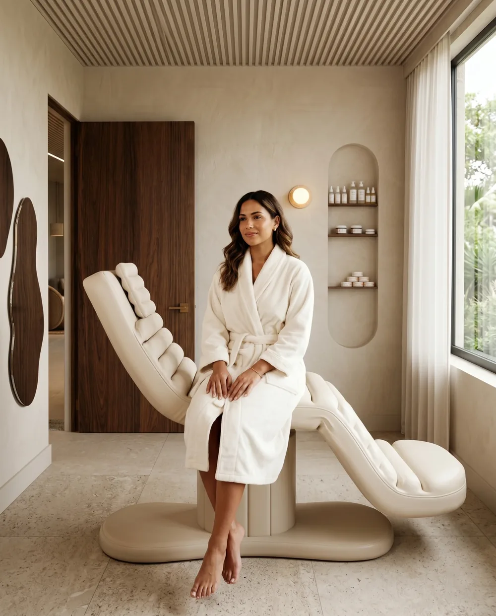 Woman in a robe seated on the treatment bed