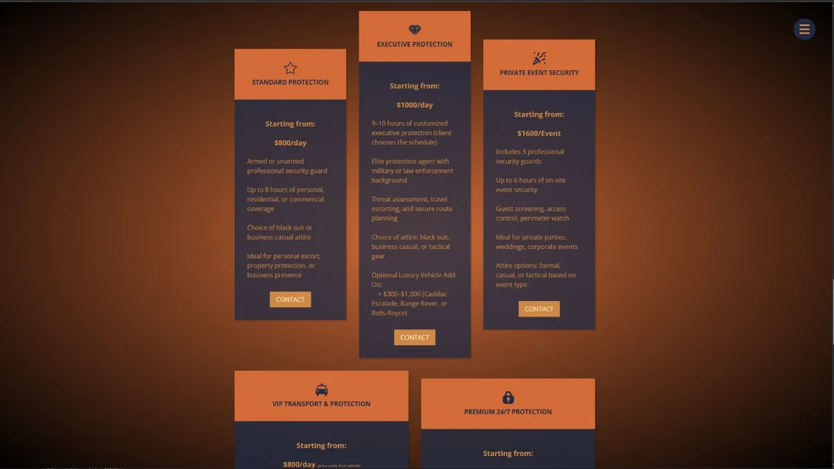 Old site, pricing cards